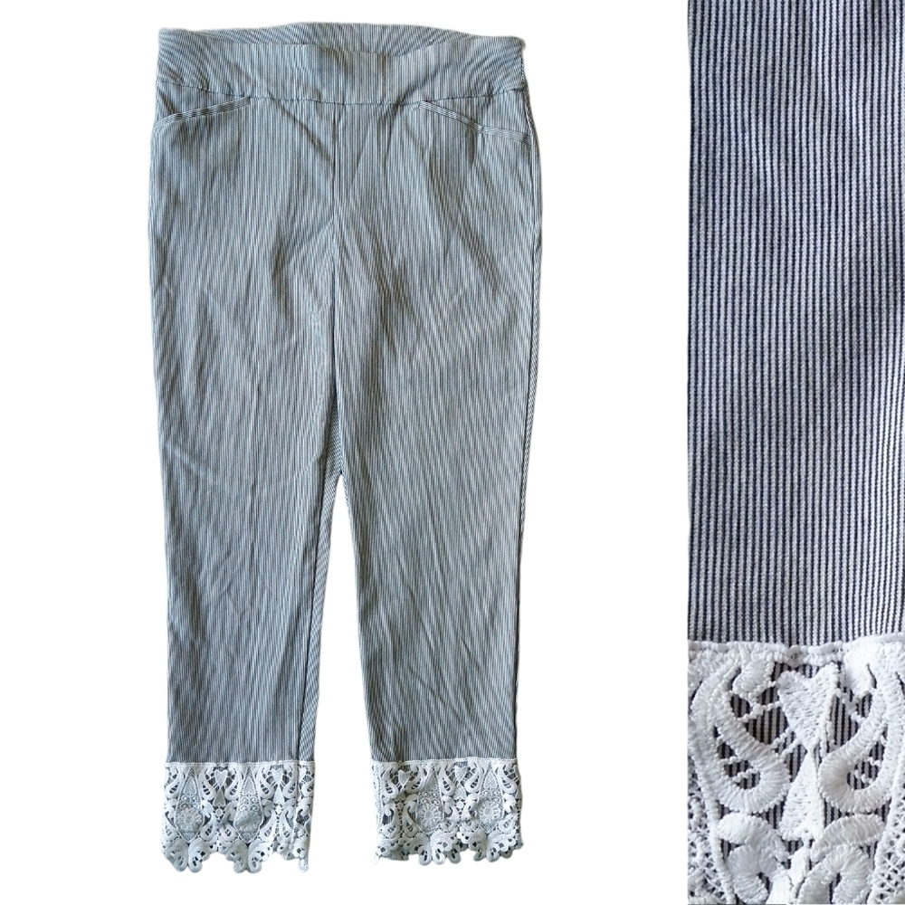 Chico's Perfect Stretch Josie Blue White Pinstripe Lace Trim Slim Ankle Pants